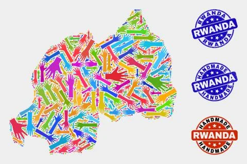 Hand Collage of Rwanda Map and Distress Handmade Seals 스톡 일러스트