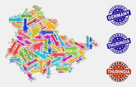 Hand Collage of Thuringia Land Map and Textured Handmade Seals イラスト素材