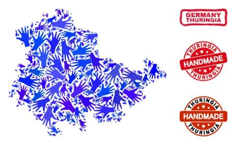 Hand Collage of Thuringia Land Map and Textured Handmade Seals イラスト素材