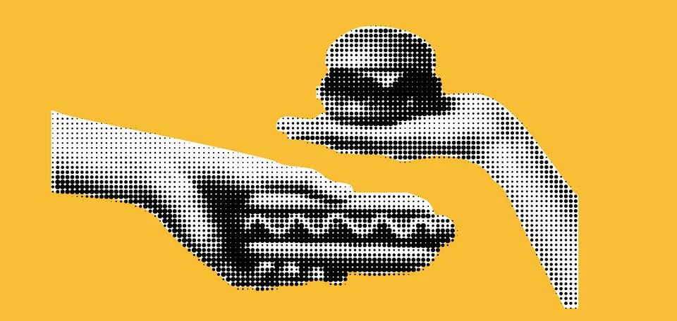 The hand collages elements with a halftone and burger for a fast food or pop art Stock Illustration