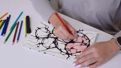 Hand coloring abstract tree art with bright markers in a creative process Stock Footage 306618555