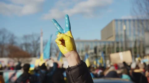 Hand In The Colors Of The Flag Of Ukraine Showing A Victory Gesture Stock Footage 171108564