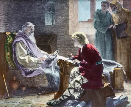 A Hand Coloured Magic Lantern Slide Circa 1900. Venerable Bede Translating Th 库存照片