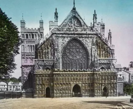 A hand coloured magic lantern slide circa 1900. Exeter Cathedral Fotos Stock
