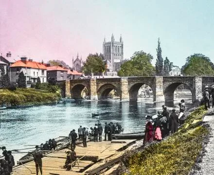 A hand coloured magic lantern slide circa 1900. Hereford Cathedral from the r Fotos Stock
