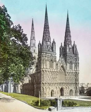 A hand coloured magic lantern slide circa 1900.Lichfield Cathedral Stock Photos
