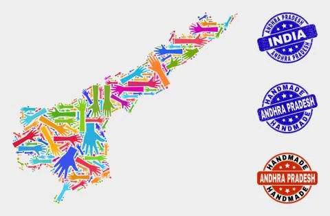 Hand Composition of Andhra Pradesh State Map and Scratched Handmade Seals Stock Illustration