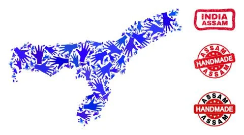 Hand Composition of Assam State Map and Textured Handmade Seals Illustrazione stock