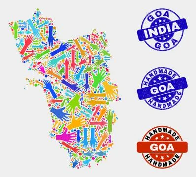 Hand Composition of Goa State Map and Distress Handmade Seals Stock Illustration
