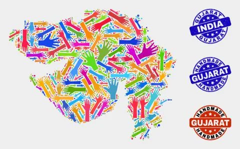 Hand Composition of Gujarat State Map and Scratched Handmade Seals Stock Illustration