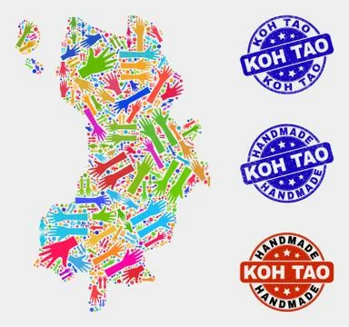 Hand Composition of Koh Tao Map and Textured Handmade Stamps Stock Illustration