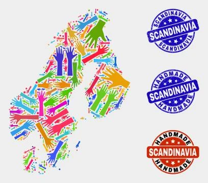 Hand Composition of Scandinavia Map and Scratched Handmade Seals Stock Illustration