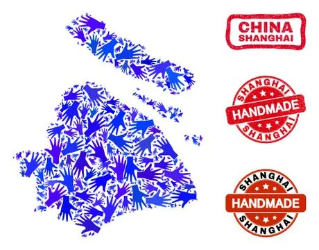 Hand Composition of Shanghai City Map and Distress Handmade Seals Stock Illustration