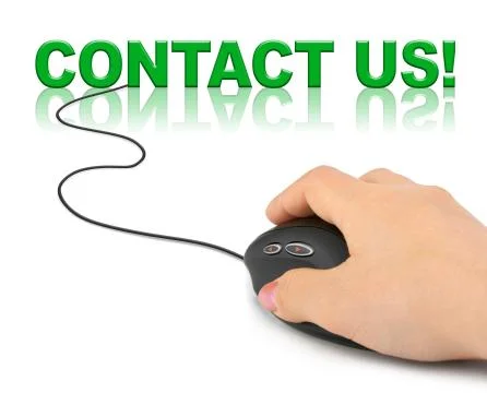 Hand with computer mouse and word contact us 스톡 사진