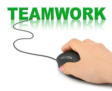 Hand with computer mouse and word Teamwork 스톡 사진