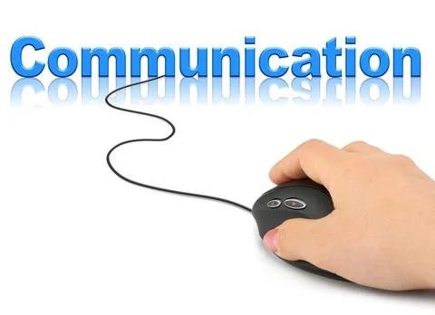 Hand with computer mouse and word Communication Hand with computer mouse a... Foto stock
