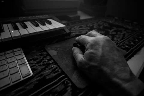 Hand On Computer Mouse Black and White Stock Photos