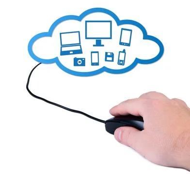 Hand with computer mouse cloud computing concept. Hand with computer mouse... 스톡 사진