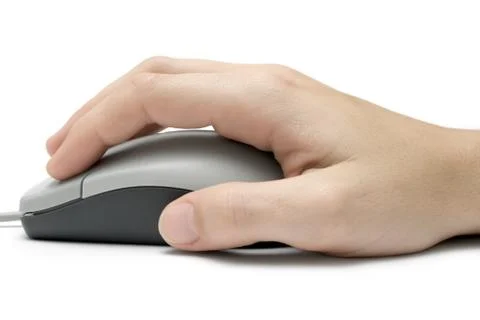 Hand on Computer Mouse Isolated on a White Background Фото