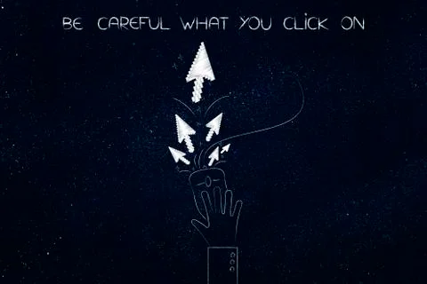 Hand on computer mouse with pointer arrows, careful what you clcik Stock Illustration