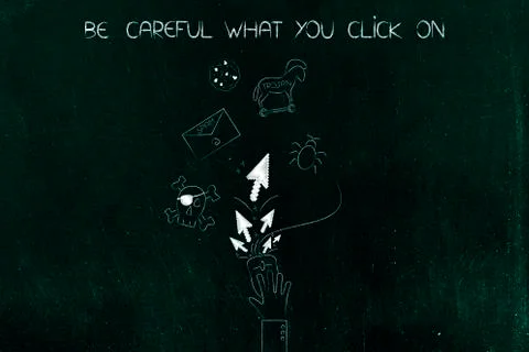 Hand on computer mouse with pointer arrows surrounded by cyber threat icons Illustrazione stock
