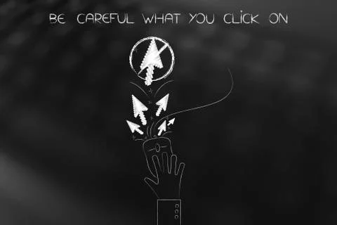 Hand on computer mouse with stopped pointer arrows, careful what you clcik Stock Illustration