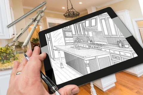 Hand on Computer Tablet Showing Drawing of Kitchen Photo Behind with Compas.. Stock Photos