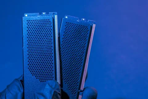 Hand of a computer technician holds computer RAM chip. Stock Photos