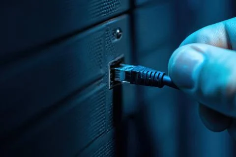 Hand connecting cable to port 스톡 사진