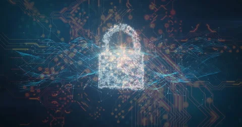 Hand contacting node on circuit board forming cloud morphing into padlock shield Stock Footage 311663831