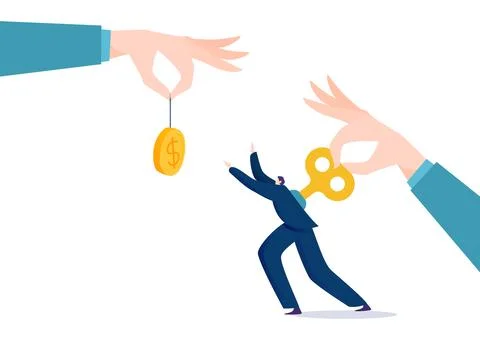 Hand control business man, vector illustration, manager manipulation at tiny Ilustración de archivo