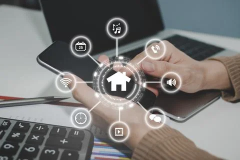 Hand control interface on digital mobile smartphone with virtual digital icon Stock Photos