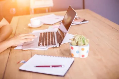 Hand control on a laptop touchpad Stock Photos