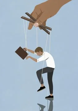 Hand controlling businessman on puppet strings Illustrazione stock