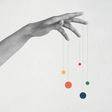 Hand controlling colorful circles with puppet strings Stock Illustration