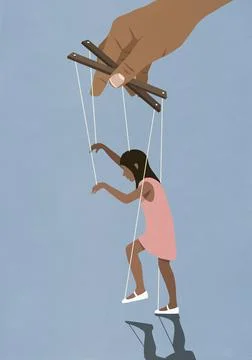 Hand controlling girl on puppet strings Stock Illustration