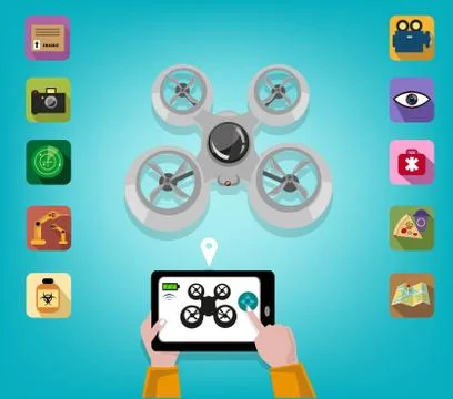 Hand controls a Drone using a Tablet or Smartphone. Editable Clip Art. Stock Illustration