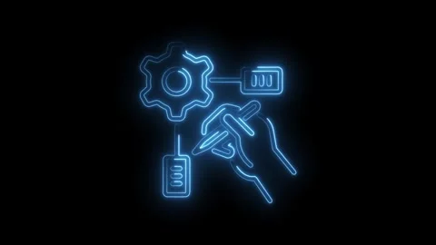 Hand controls gear and software interface with digital pen in blue neon light Stock Footage 330774565