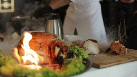 Hand Cooked piece of Meat in a Bright Light. Chef Accompanying Modern Cuisine Stock Footage 196004754