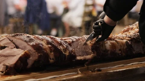 Hand Cooked piece of Meat in a Bright Light. Chef Accompanying Modern Cuisine Stock Footage 196006057