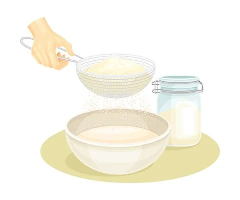 Hand cooking dough for cookies, bread or pizza. Ingredients for dough cooking Stock Illustration