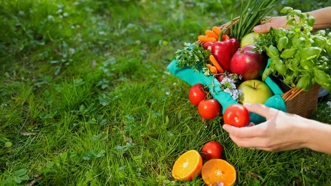 Hand Corrects Vegetables And Fruit In Wooden Basket From Beige Cloth. Prores 스톡 동영상 108500339