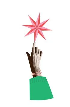 Hand in a cozy knitted sleeve pointing Christmas star. Halftone collage vector Stock Illustration