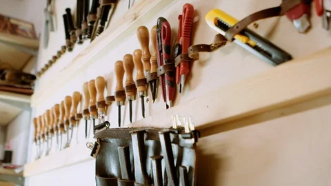Hand craft leather making tools ready for use Stock-Footage 96133306