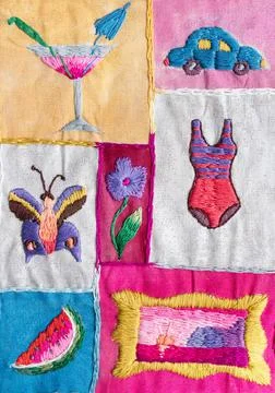 Hand-crafted embroidery with various objects Stock Photos