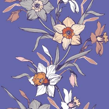 Hand-crafted seamless pattern elegant daffodils on an Very Peri background. Stock Illustration