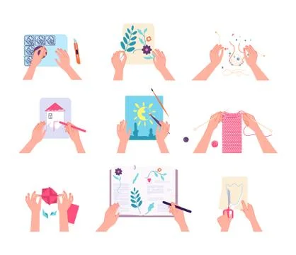 Hand crafts. Human hands drawing writing knitting, doing scrapbook. Kids lab or Illustrazione stock