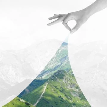 Hand creating a vibrant mountain landscape metaphor Stock Illustration