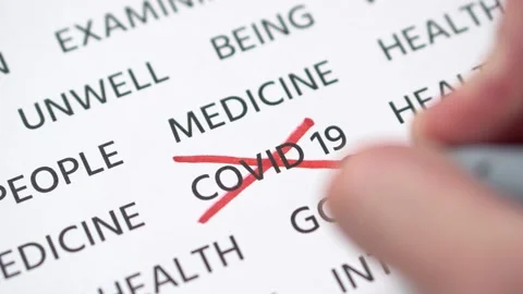 Hand crosses out in red marker word covid 19 written on white paper. Close-up Stock Footage 140056384