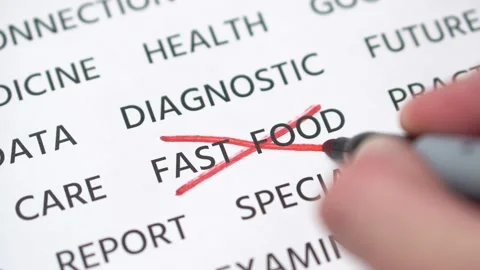 Hand crosses out in red marker word fast food written on white paper. Close-up Stock Footage 140057092